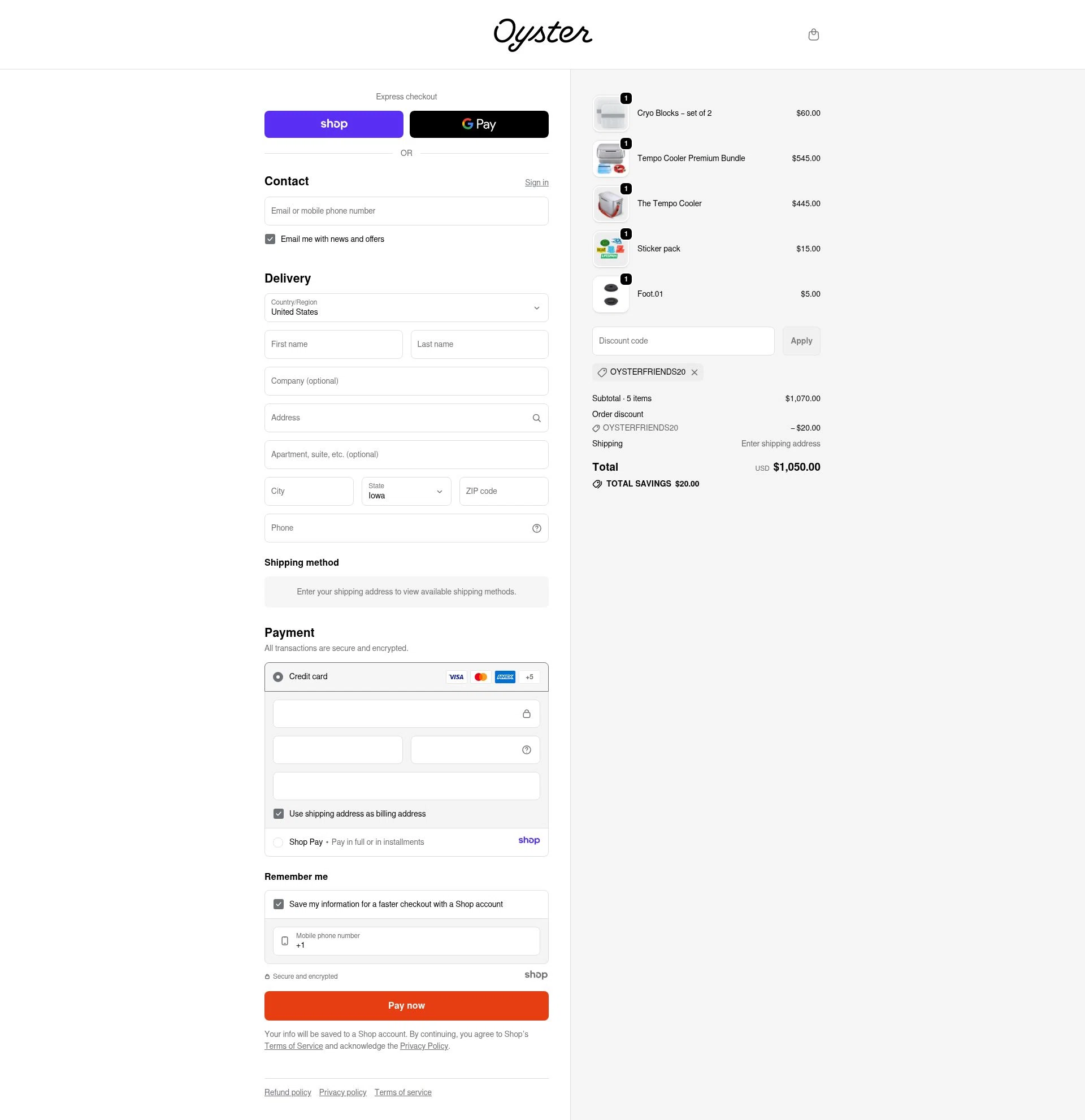 Oyster Cooler checkout page showing Oyster Cooler discount code box | Screenshot taken by SimplyCodes community member on Nov 6, 2025