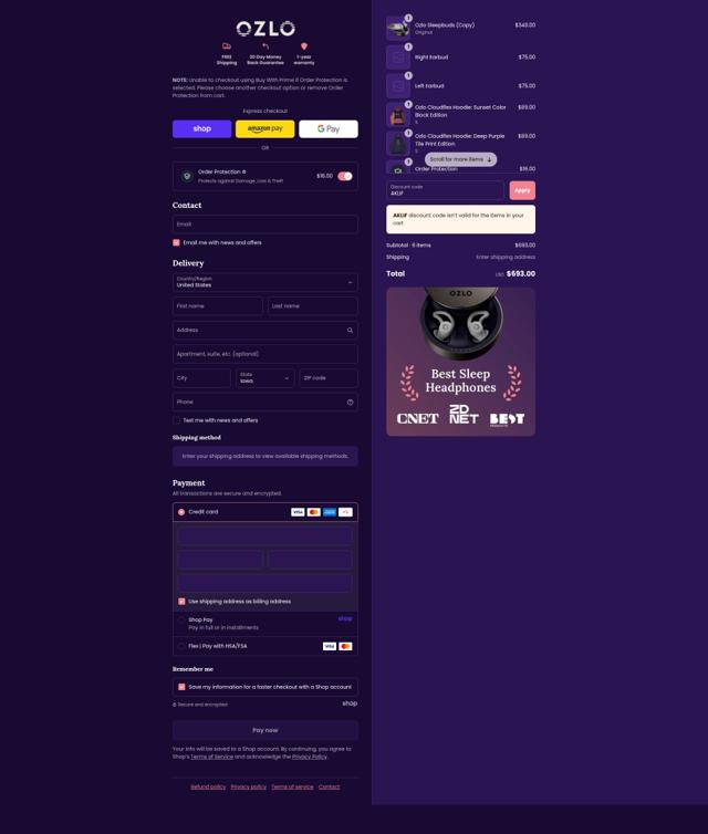 Ozlo Sleep checkout page showing Ozlo Sleep discount code box | Screenshot taken by SimplyCodes community member on Sep 17, 2025