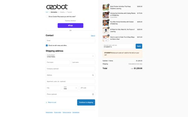 Ozobot checkout page showing Ozobot promo code box | Screenshot taken by SimplyCodes community member on Sep 14, 2025