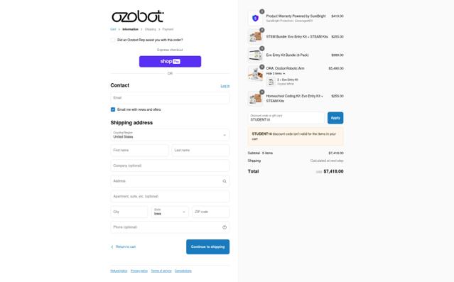 Ozobot checkout page showing Ozobot promo code box | Screenshot taken by SimplyCodes community member on Aug 7, 2025