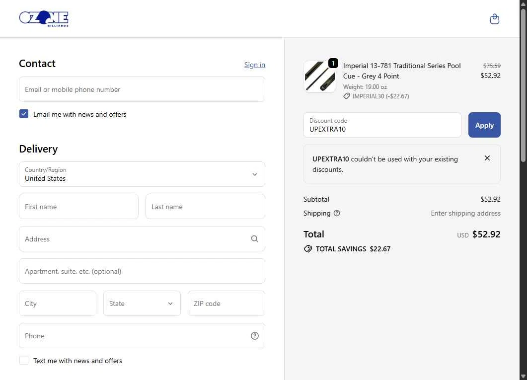 Ozone Billiards checkout page showing Ozone Billiards promo code box | Screenshot taken by SimplyCodes community member on Nov 29, 2025
