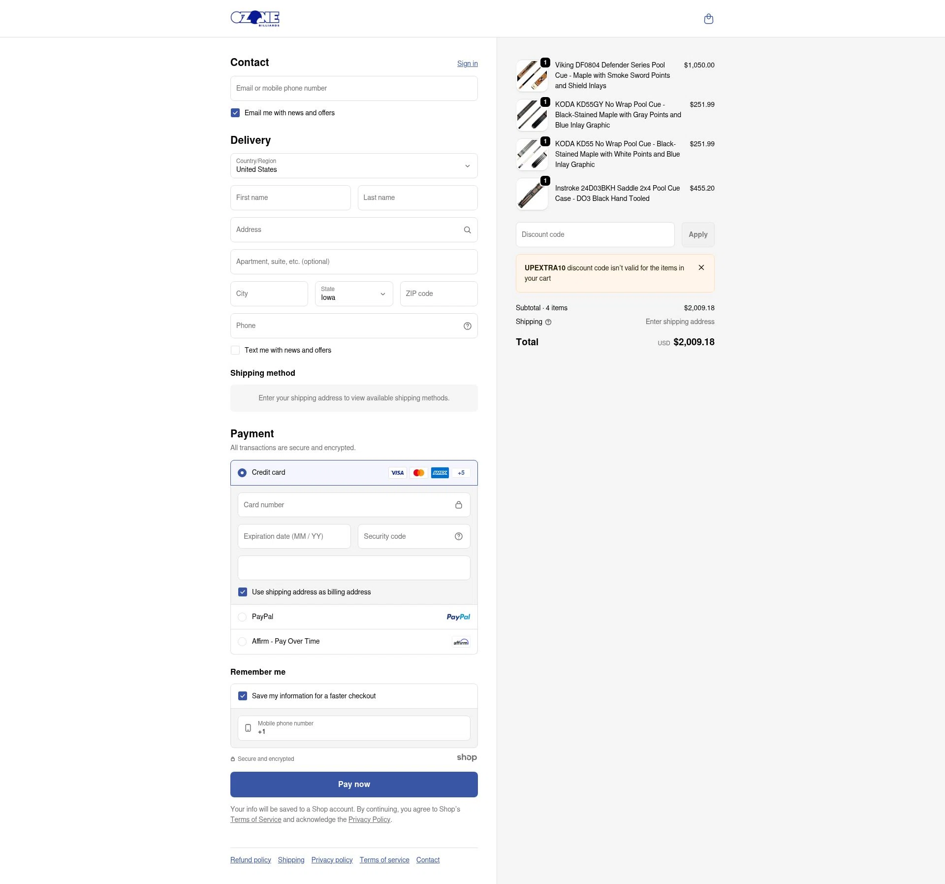 Ozone Billiards checkout page showing Ozone Billiards promo code box | Screenshot taken by SimplyCodes community member on Jan 4, 2026
