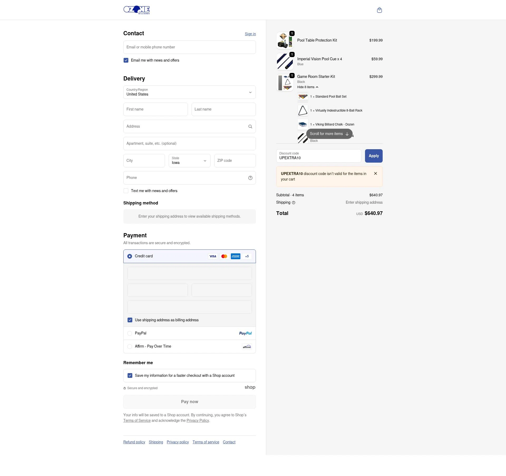 Ozone Billiards checkout page showing Ozone Billiards promo code box | Screenshot taken by SimplyCodes community member on Dec 2, 2025