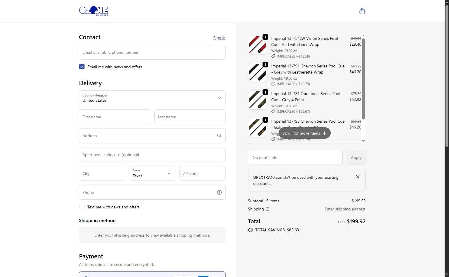 Ozone Billiards checkout page showing Ozone Billiards promo code box | Screenshot taken by SimplyCodes community member on Jan 6, 2026