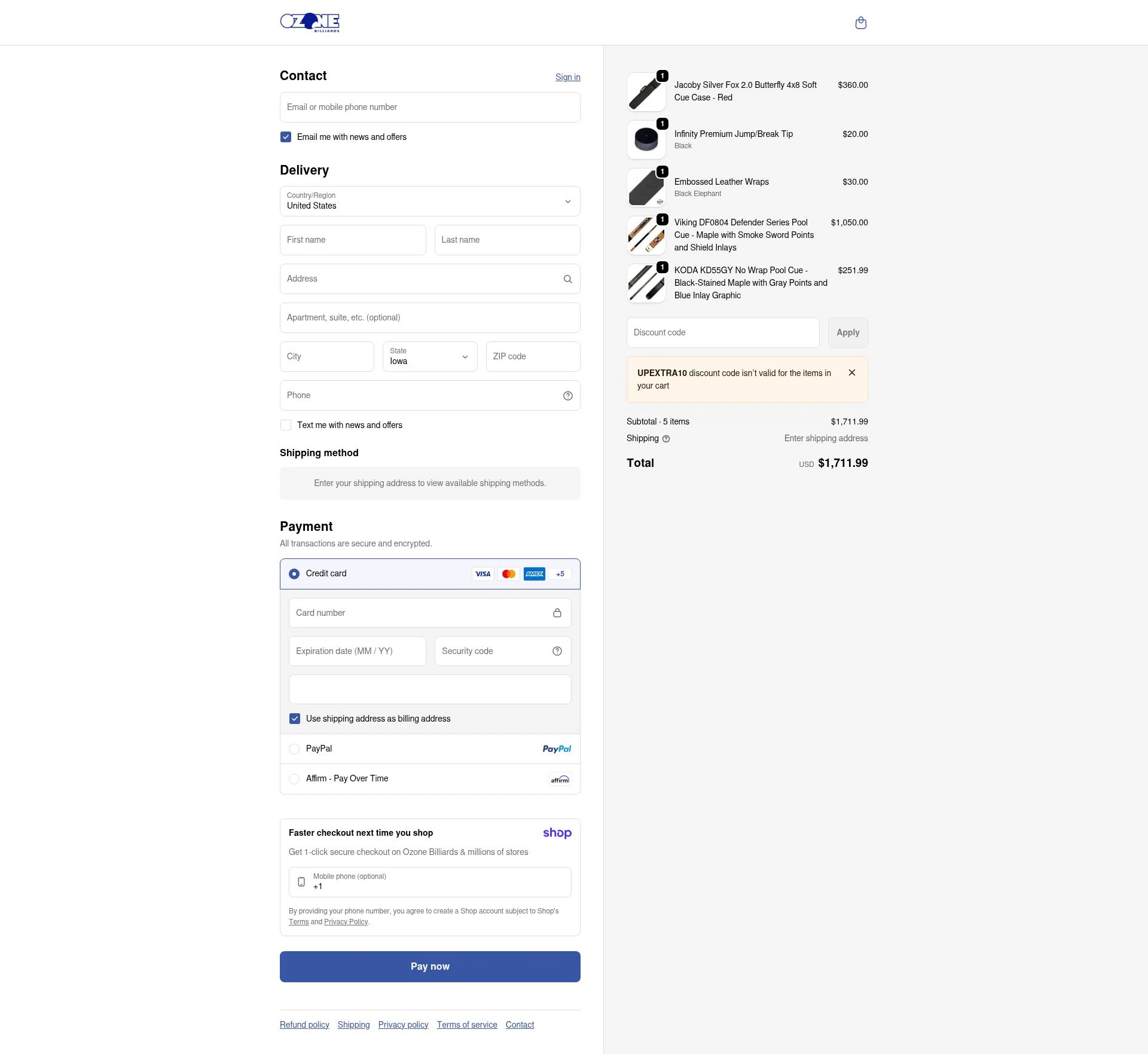 Ozone Billiards checkout page showing Ozone Billiards promo code box | Screenshot taken by SimplyCodes community member on Jan 10, 2026