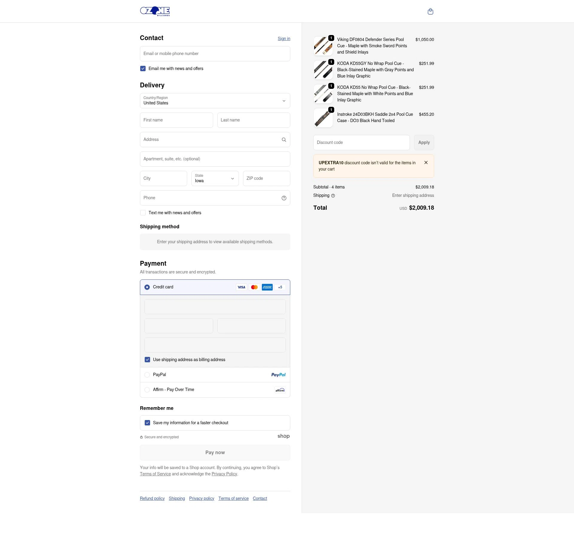 Ozone Billiards checkout page showing Ozone Billiards promo code box | Screenshot taken by SimplyCodes community member on Dec 30, 2025