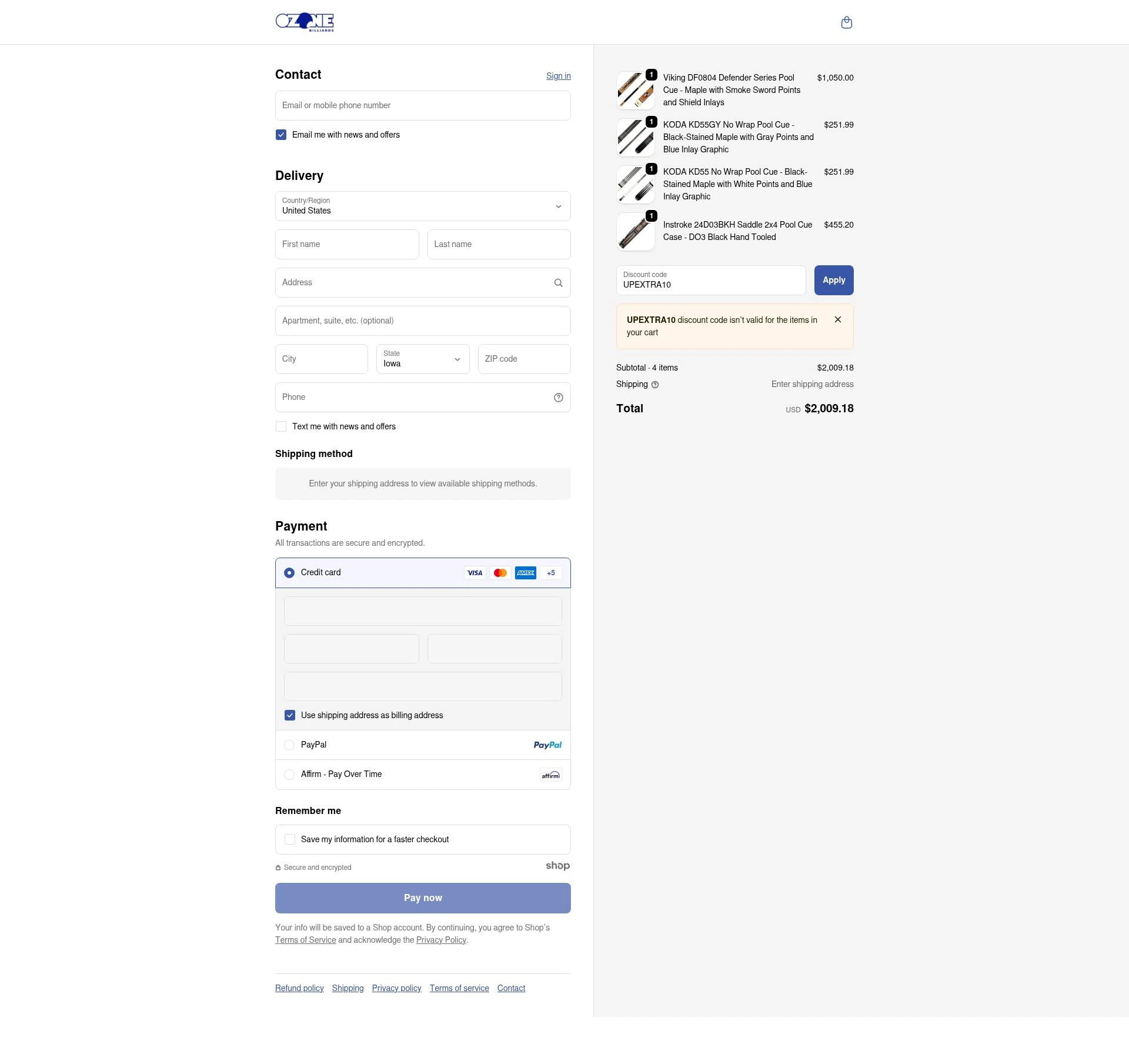 Ozone Billiards checkout page showing Ozone Billiards promo code box | Screenshot taken by SimplyCodes community member on Dec 13, 2025