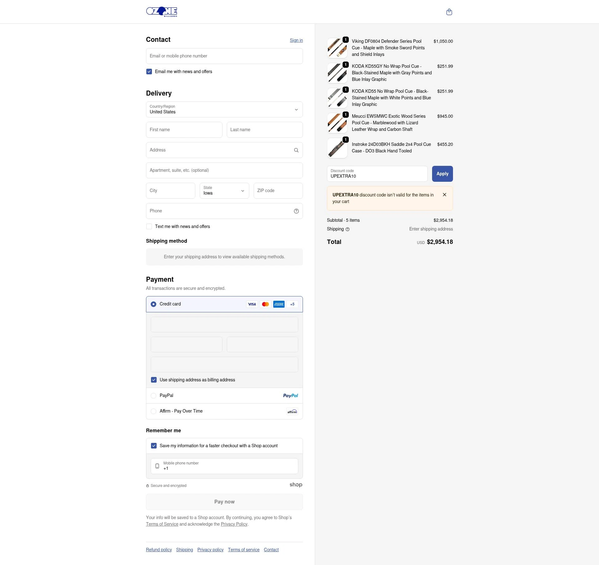 Ozone Billiards checkout page showing Ozone Billiards promo code box | Screenshot taken by SimplyCodes community member on Dec 7, 2025