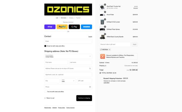 Ozonics checkout page showing Ozonics promo code box | Screenshot taken by SimplyCodes community member on Sep 4, 2025