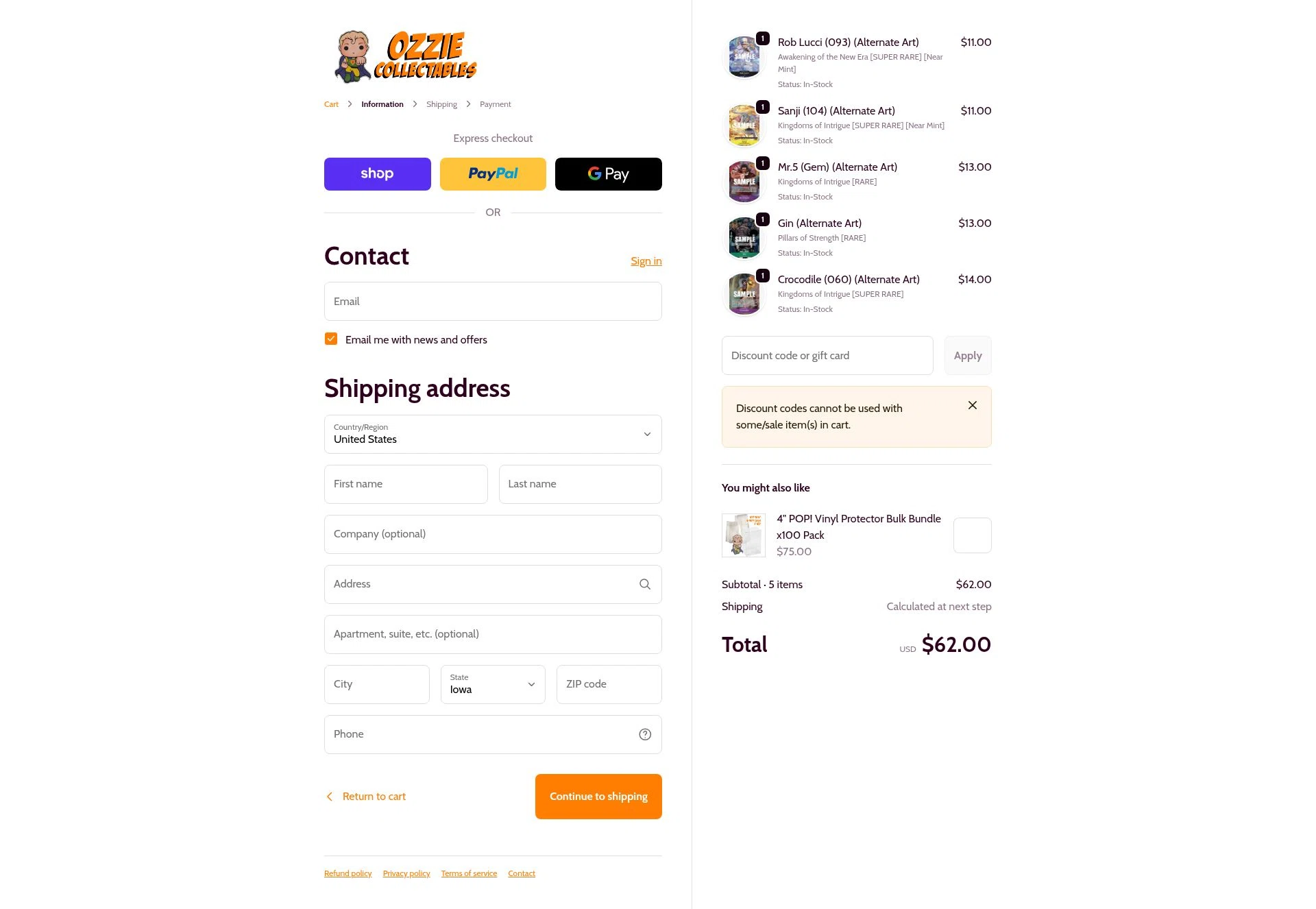 Ozzie Collectables checkout page showing Ozzie Collectables discount code box | Screenshot taken by SimplyCodes community member on Feb 4, 2026