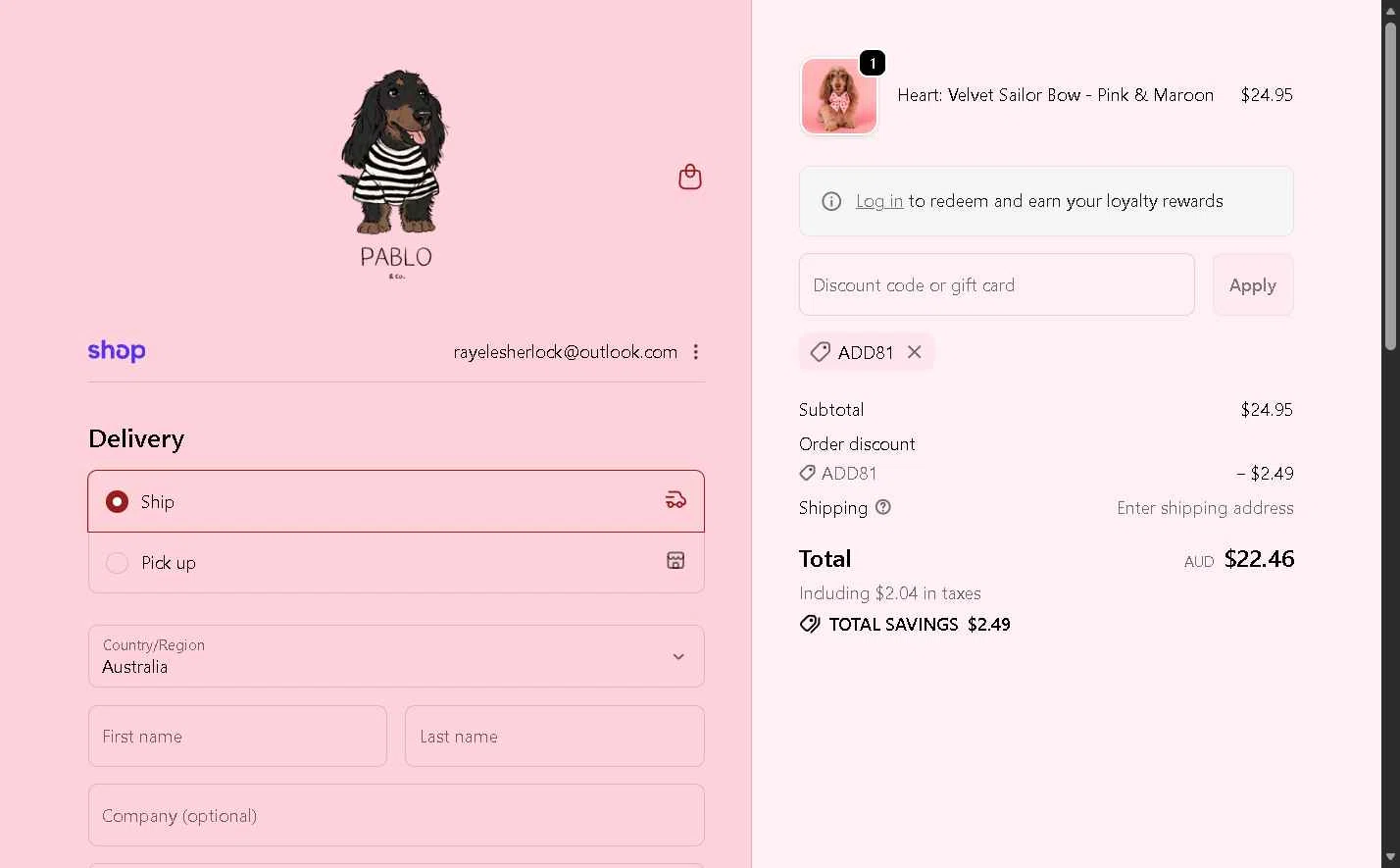 Pablo & Co. checkout page showing Pablo & Co. discount code box | Screenshot taken by SimplyCodes community member on Feb 10, 2026