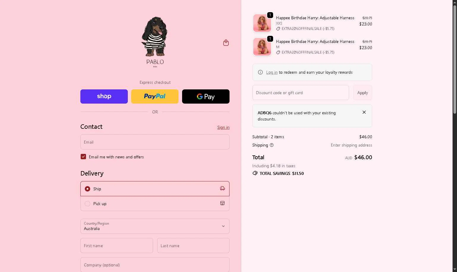 Pablo & Co. checkout page showing Pablo & Co. discount code box | Screenshot taken by SimplyCodes community member on Feb 11, 2026