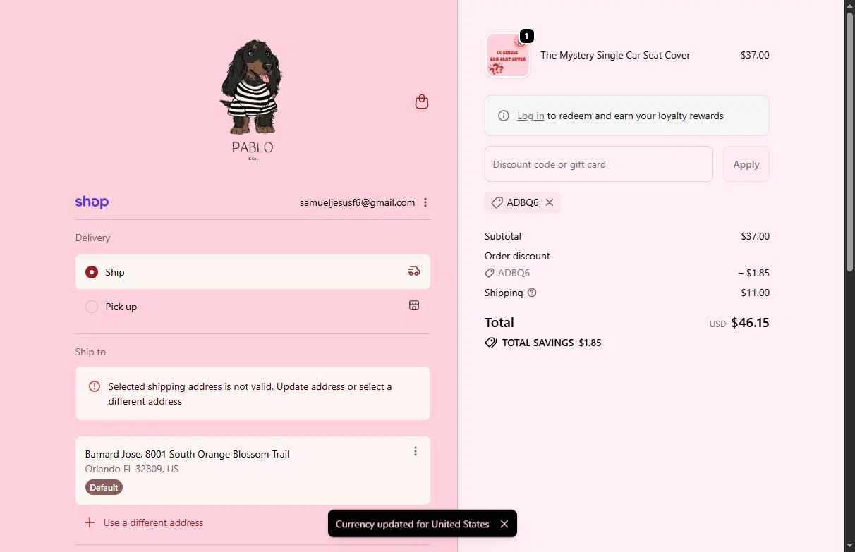 Pablo & Co. checkout page showing Pablo & Co. discount code box | Screenshot taken by SimplyCodes community member on Feb 11, 2026