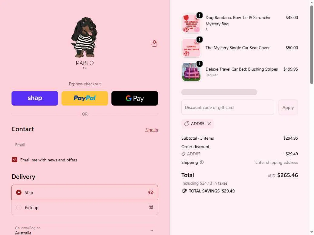 Pablo & Co. checkout page showing Pablo & Co. discount code box | Screenshot taken by SimplyCodes community member on Feb 12, 2026