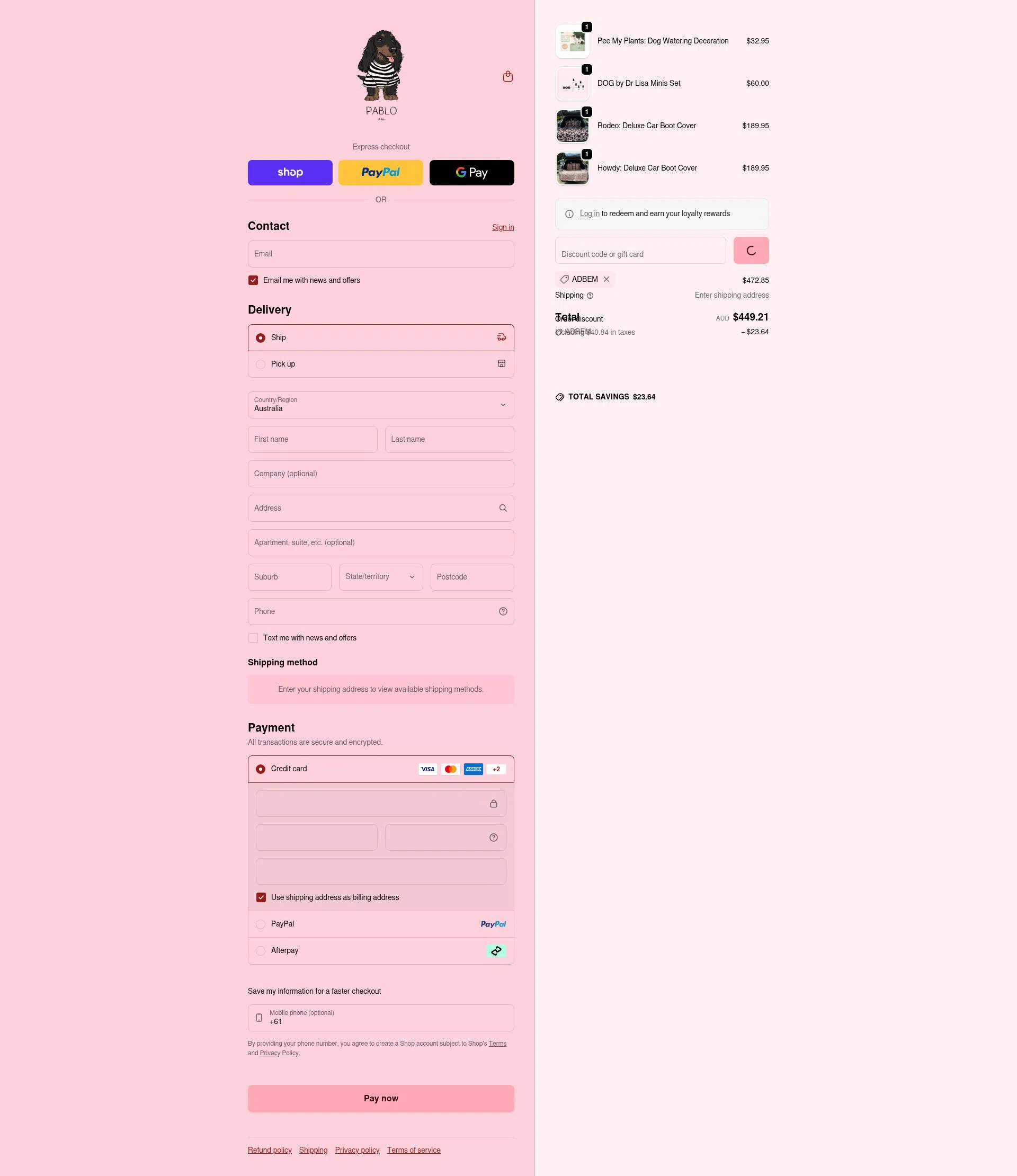 Pablo & Co. checkout page showing Pablo & Co. discount code box | Screenshot taken by SimplyCodes community member on Feb 9, 2026