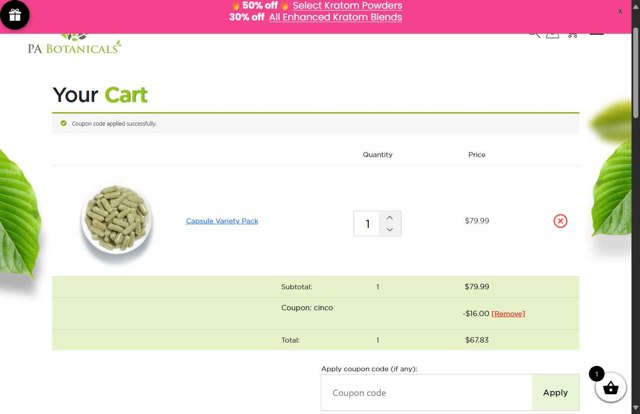 PA Botanicals checkout page showing PA Botanicals coupon code box | Screenshot taken by SimplyCodes community member on Aug 27, 2025