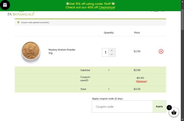 PA Botanicals checkout page showing PA Botanicals coupon code box | Screenshot taken by SimplyCodes community member on Aug 11, 2025