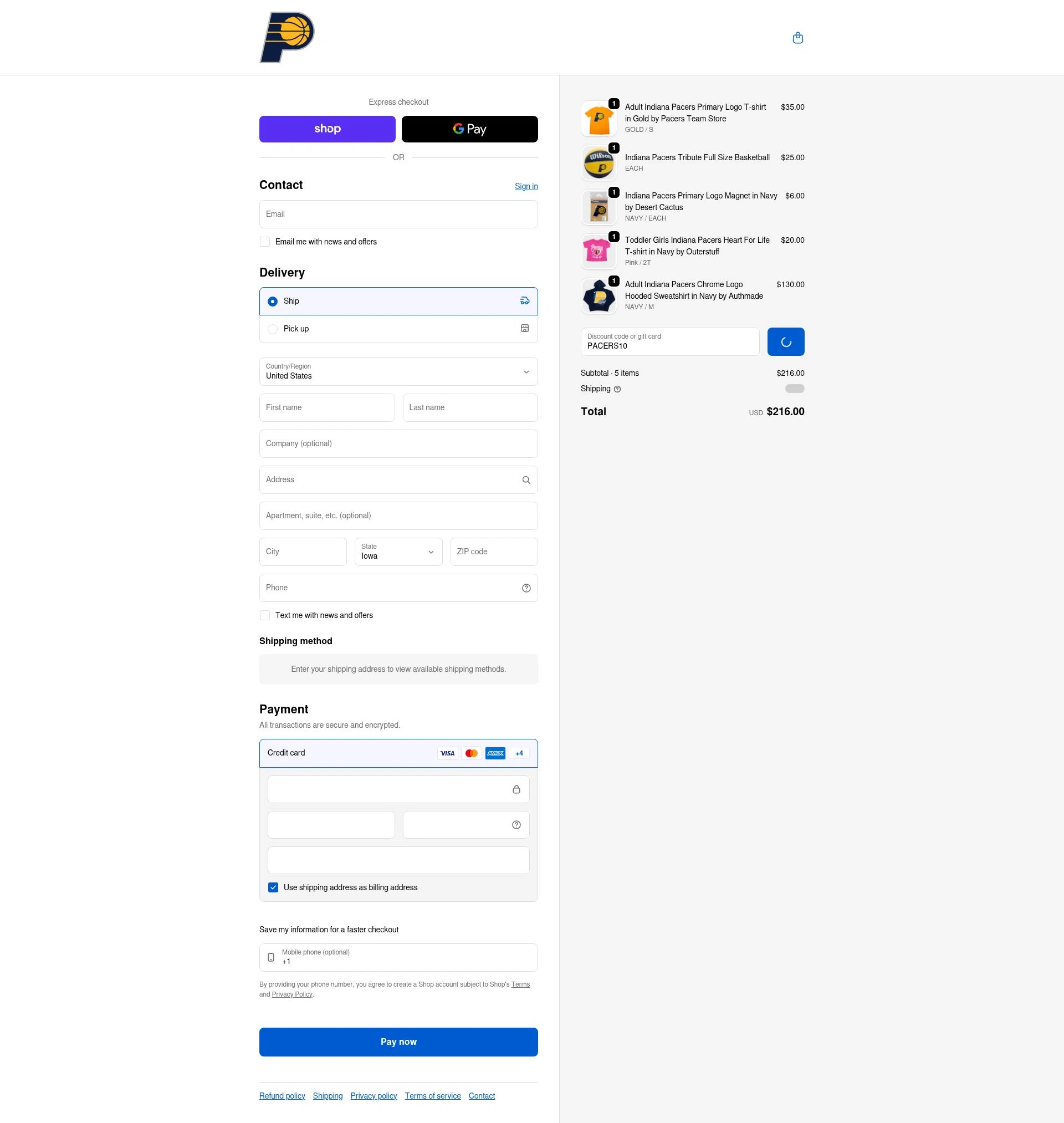 Pacers Team Store checkout page showing Pacers Team Store discount code box | Screenshot taken by SimplyCodes community member on Feb 14, 2026