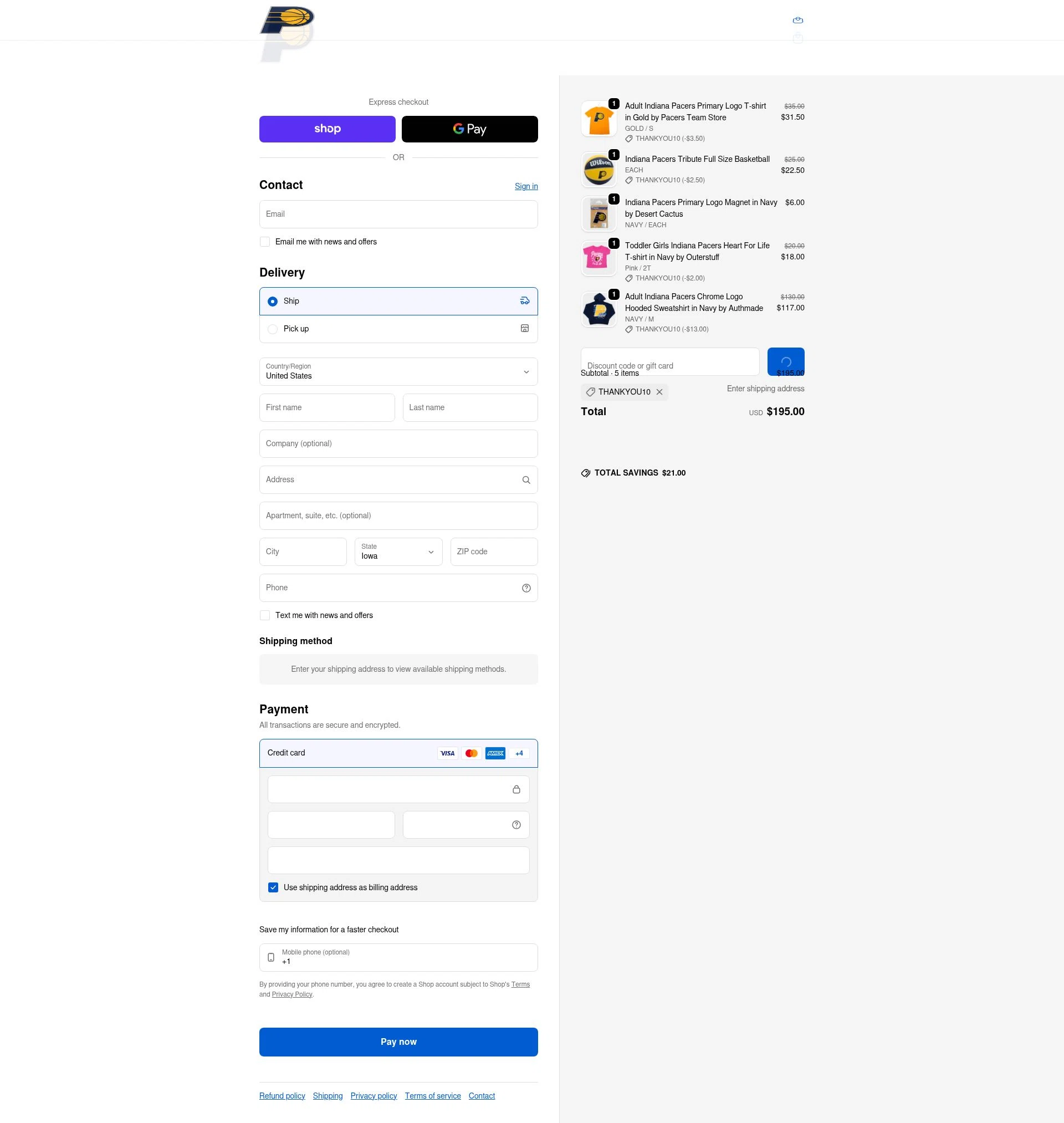 Pacers Team Store checkout page showing Pacers Team Store discount code box | Screenshot taken by SimplyCodes community member on Feb 18, 2026