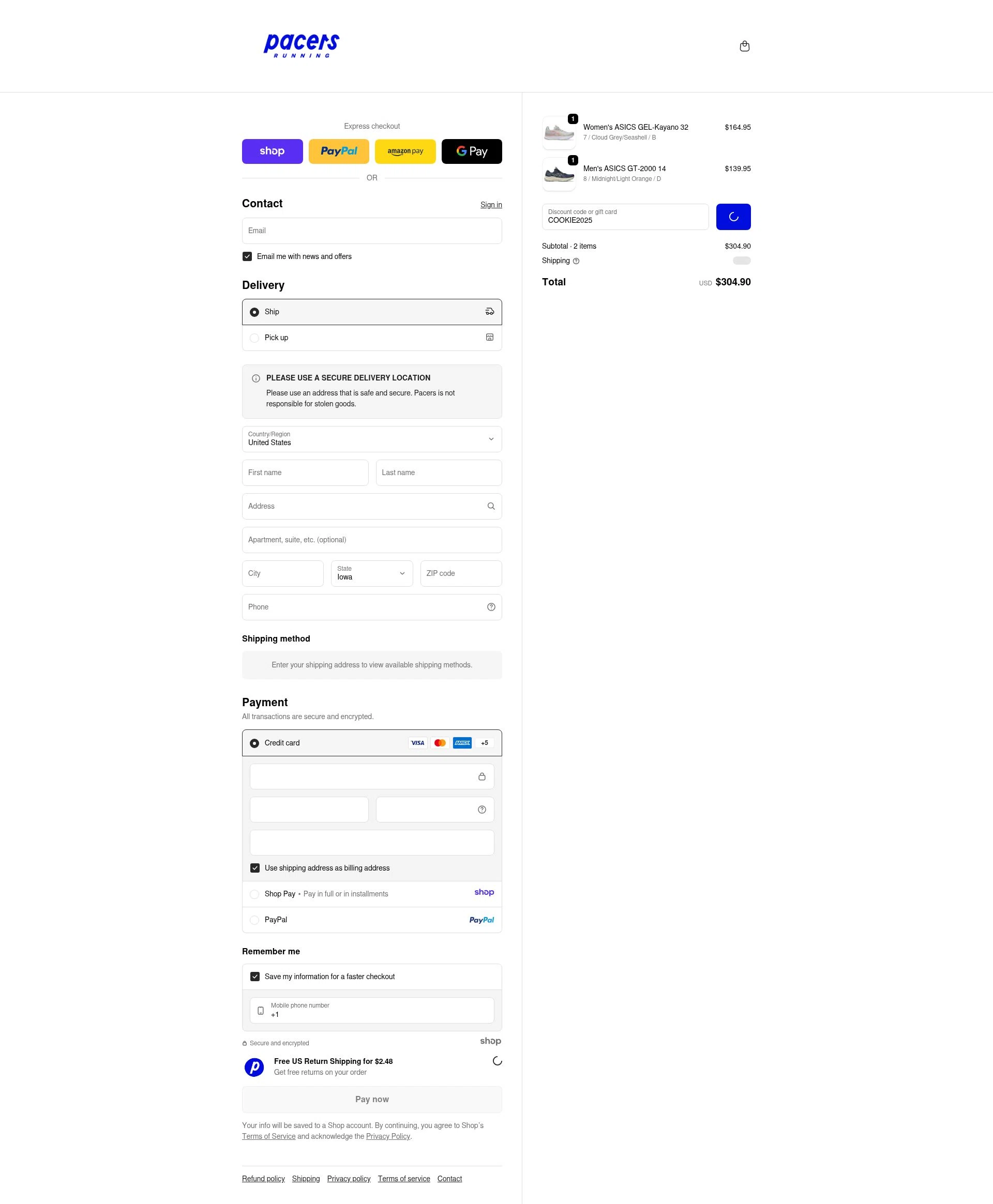 Pacers Running checkout page showing Pacers Running discount code box | Screenshot taken by SimplyCodes community member on Dec 27, 2025