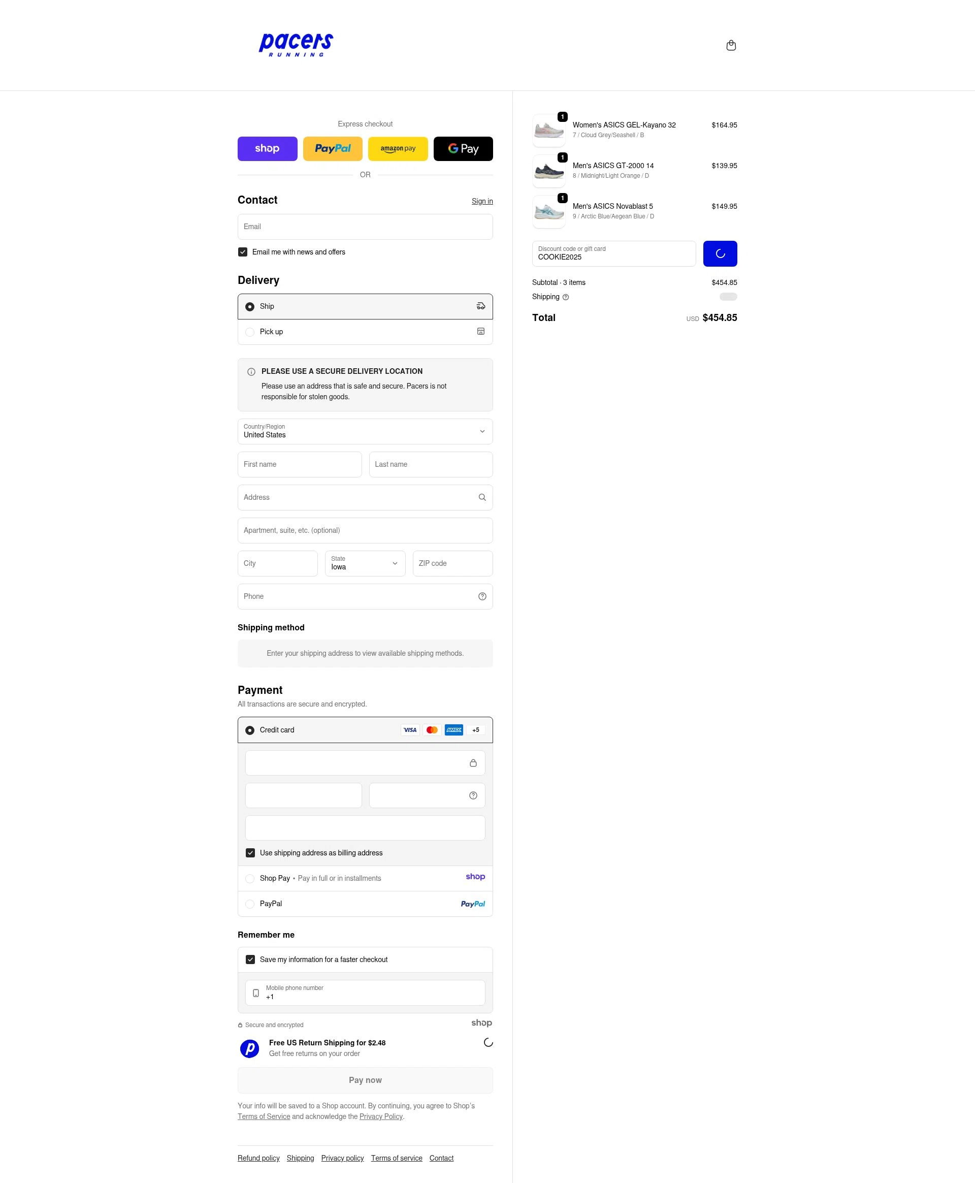 Pacers Running checkout page showing Pacers Running discount code box | Screenshot taken by SimplyCodes community member on Jan 1, 2026