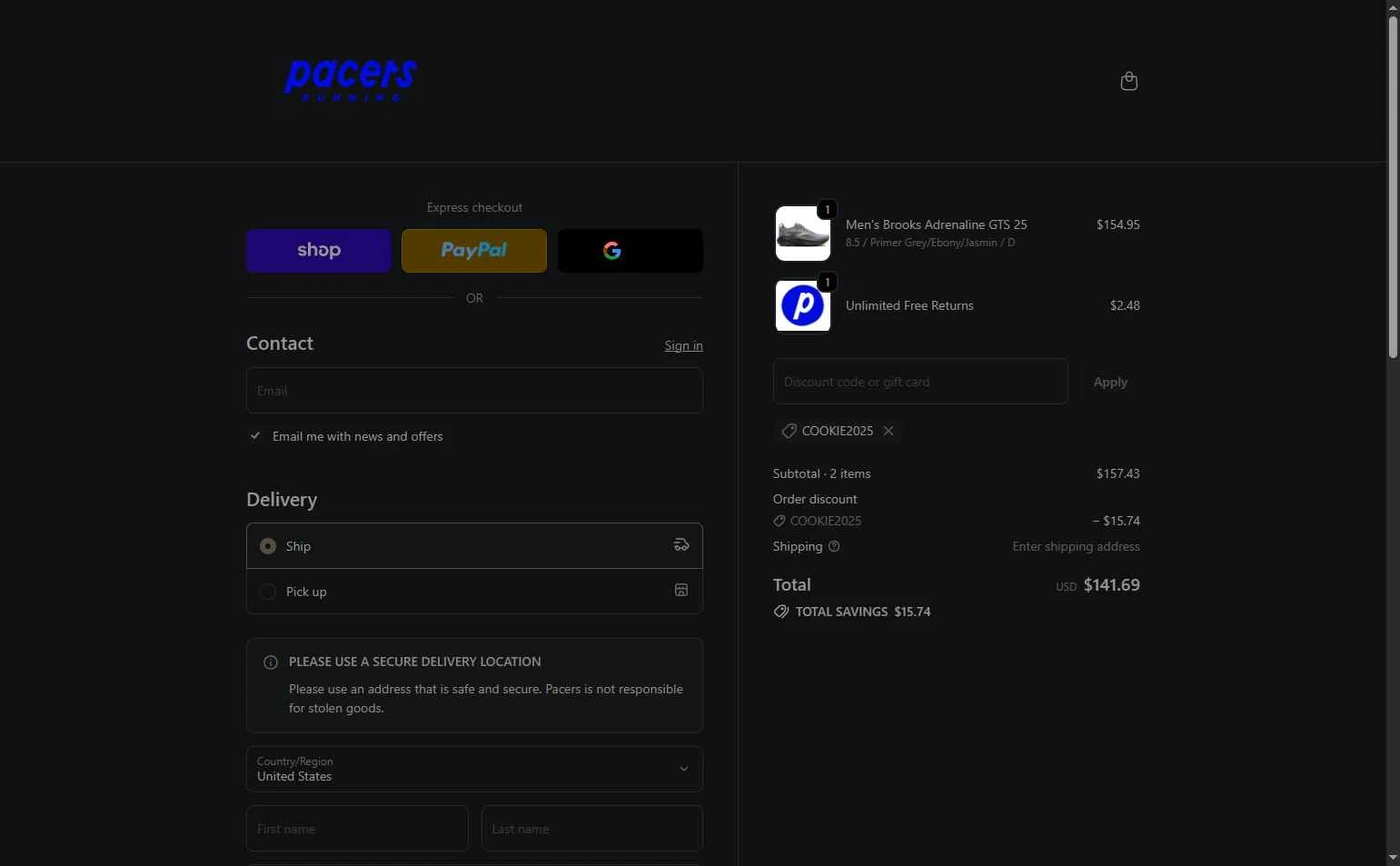 Pacers Running checkout page showing Pacers Running discount code box | Screenshot taken by SimplyCodes community member on Dec 11, 2025