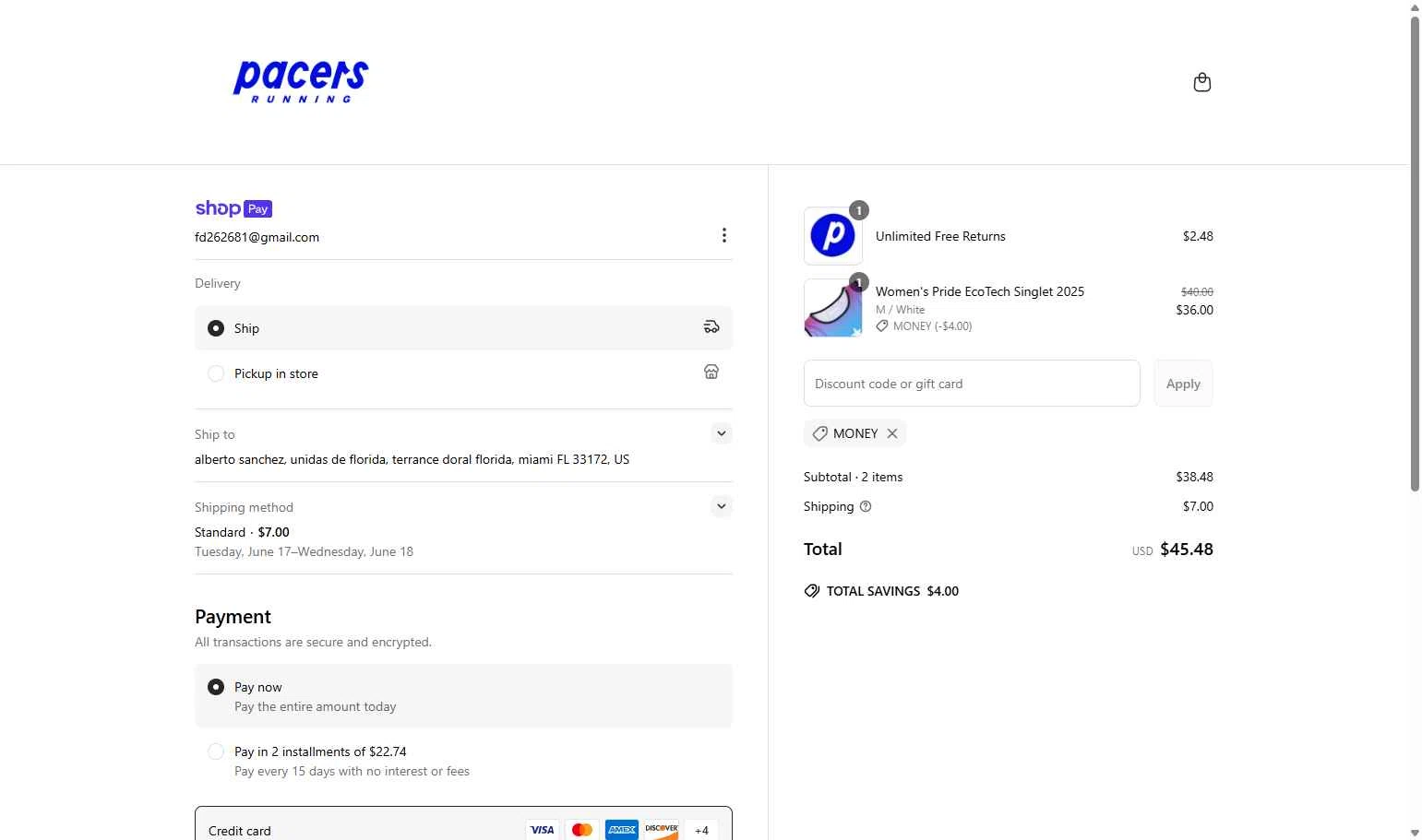 Pacers Running checkout page showing Pacers Running discount code box | Screenshot taken by SimplyCodes community member on Jun 10, 2025