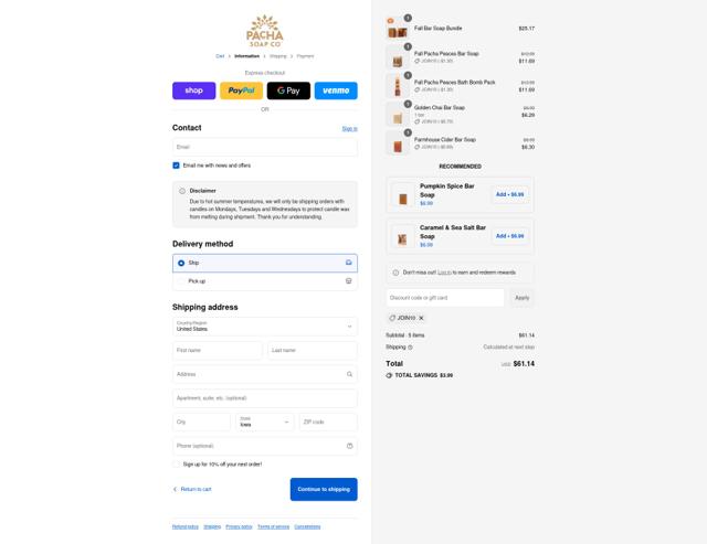 Pacha Soap checkout page showing Pacha Soap discount code box | Screenshot taken by SimplyCodes community member on Sep 12, 2025