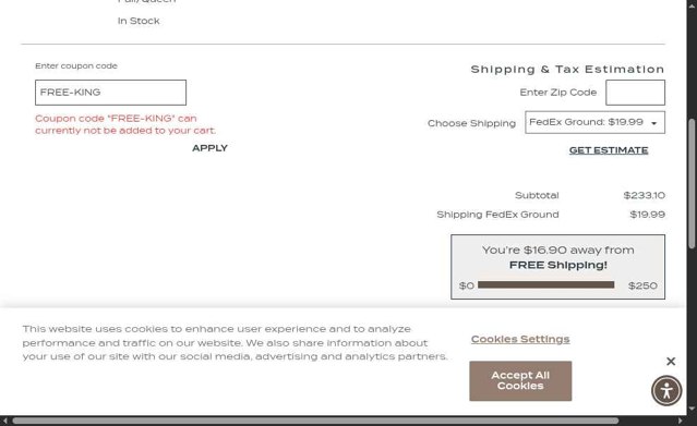 Pacific Coast Bedding checkout page showing Pacific Coast Bedding coupon code box | Screenshot taken by SimplyCodes community member on May 31, 2025