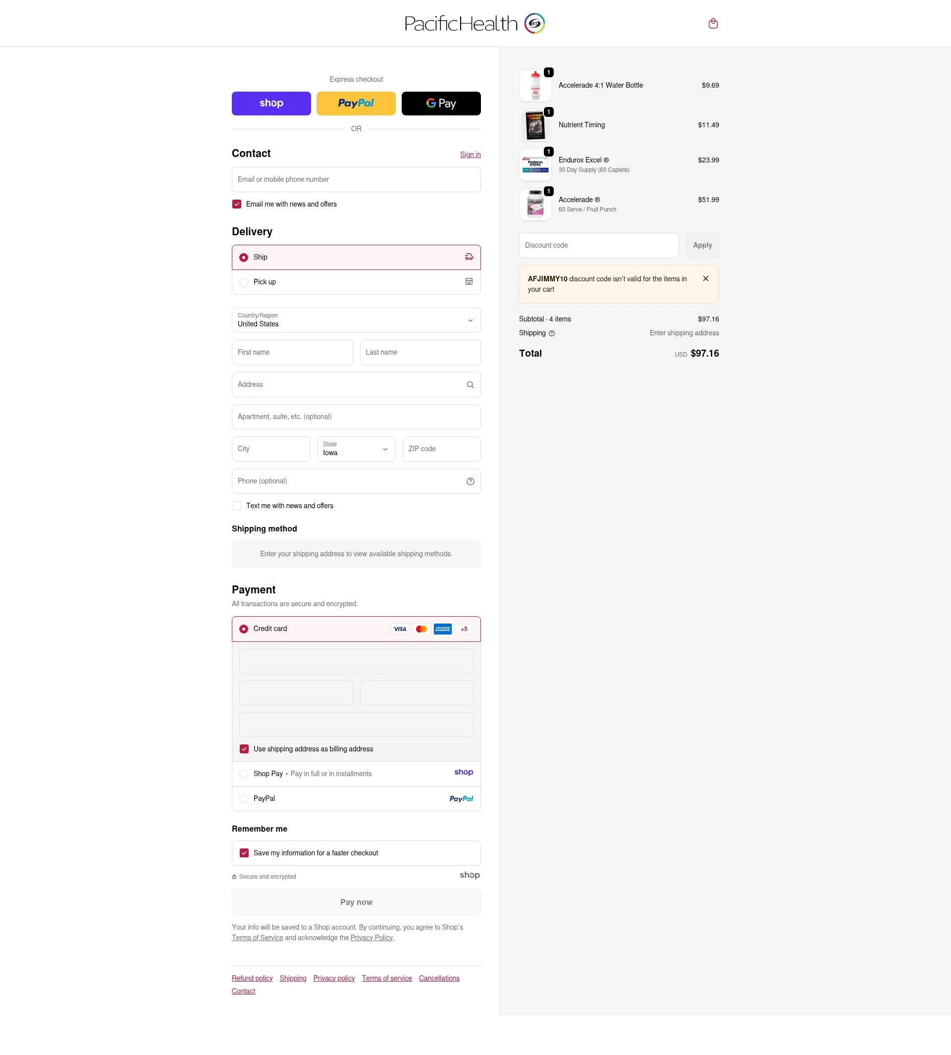Pacifichealthlabs checkout page showing Pacifichealthlabs promo code box | Screenshot taken by SimplyCodes community member on Jan 8, 2026