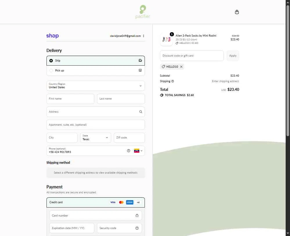 Pacifier checkout page showing Pacifier coupon code box | Screenshot taken by SimplyCodes community member on Jan 28, 2026