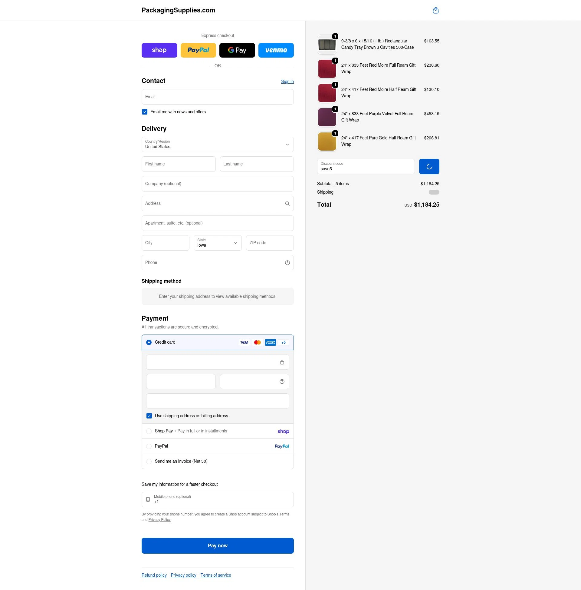 PackagingSupplies.com checkout page showing PackagingSupplies.com promo code box | Screenshot taken by SimplyCodes community member on Feb 6, 2026