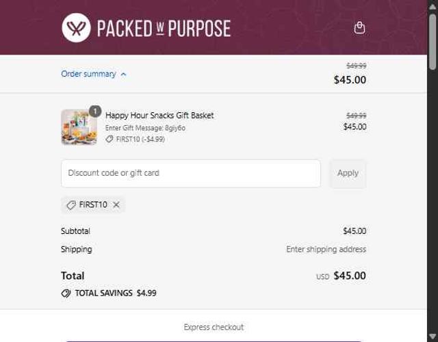 Packed With Purpose checkout page showing Packed With Purpose discount code box | Screenshot taken by SimplyCodes community member on Sep 10, 2025