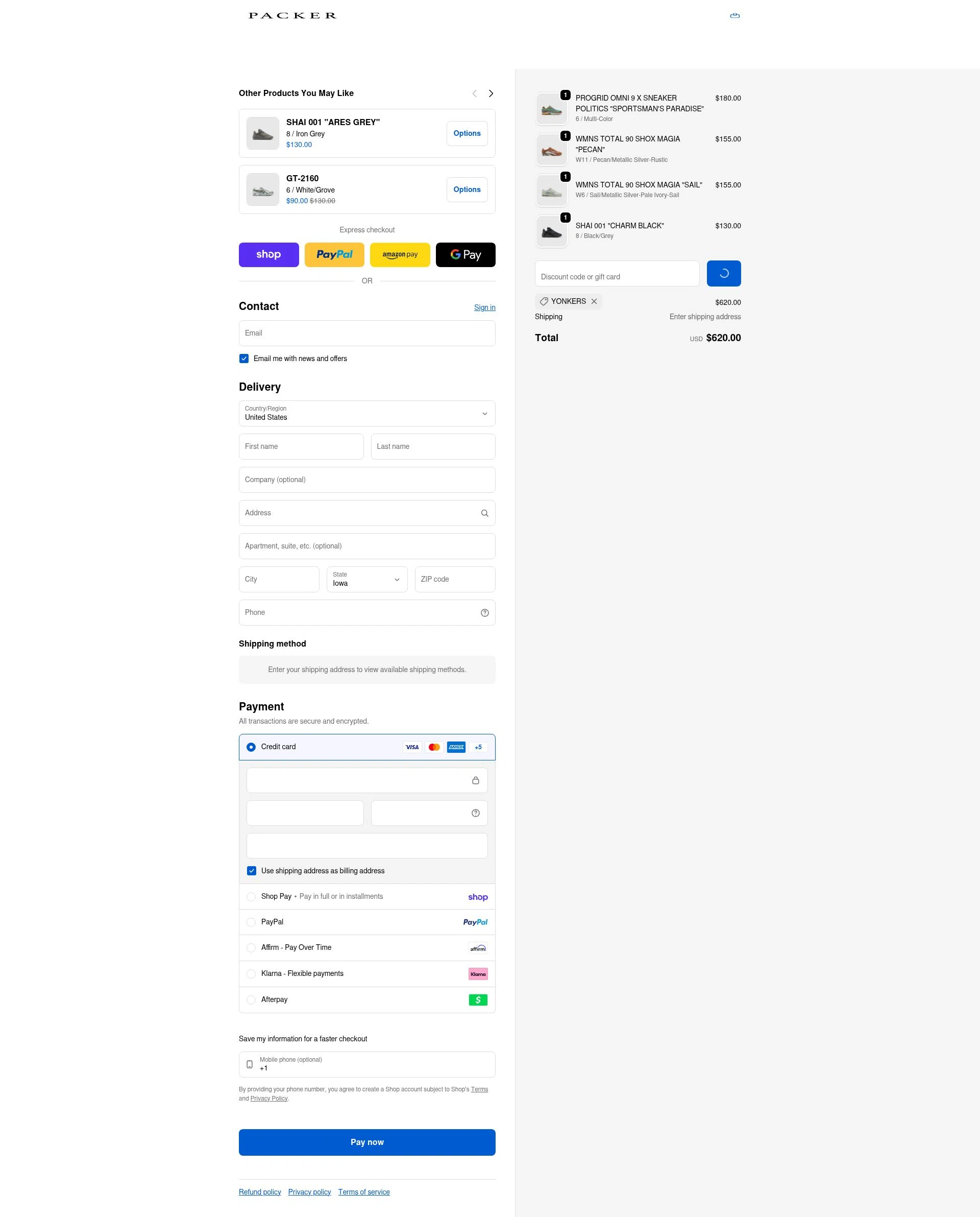 PACKER SHOES checkout page showing PACKER SHOES discount code box | Screenshot taken by SimplyCodes community member on Feb 9, 2026
