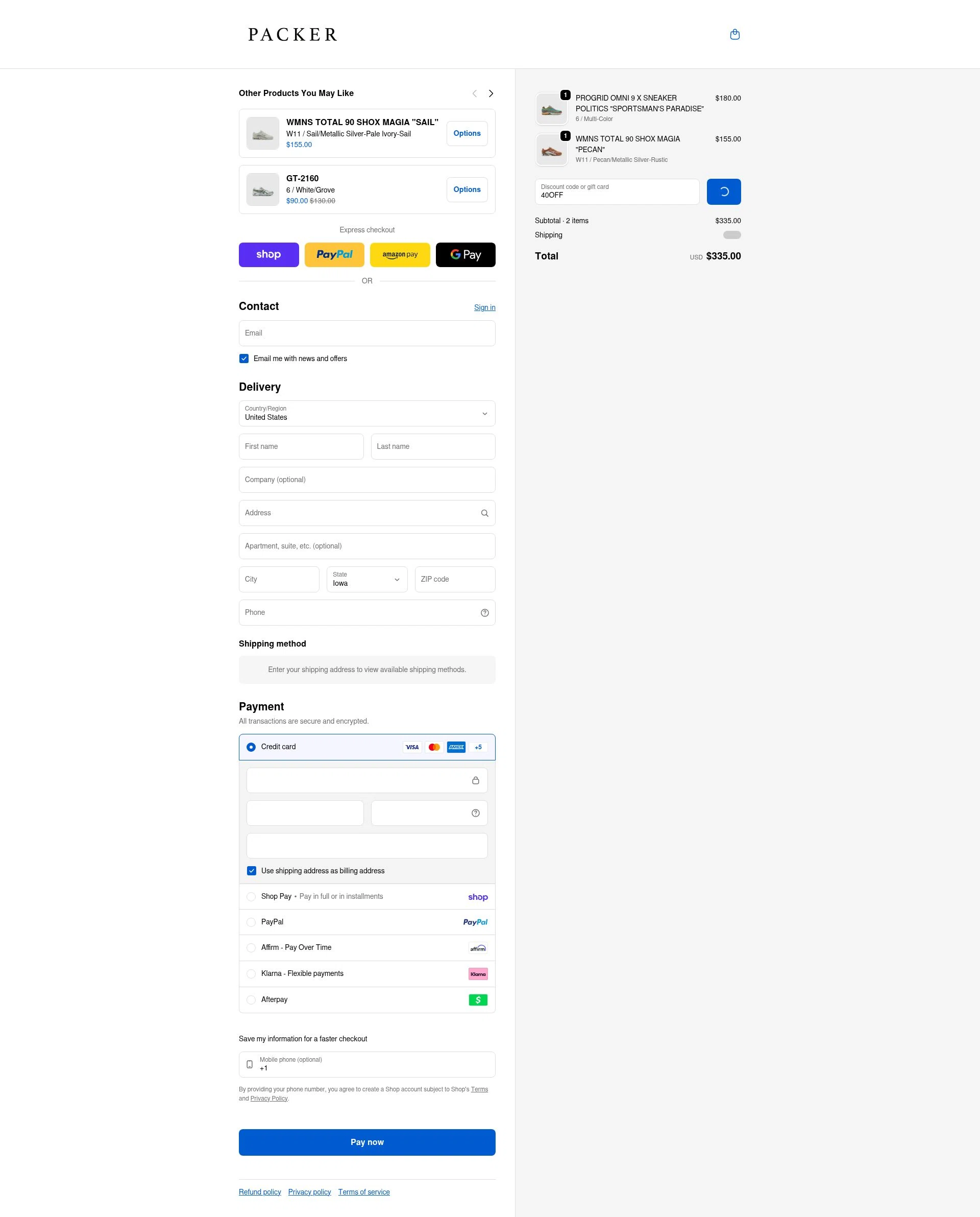 PACKER SHOES checkout page showing PACKER SHOES discount code box | Screenshot taken by SimplyCodes community member on Feb 18, 2026
