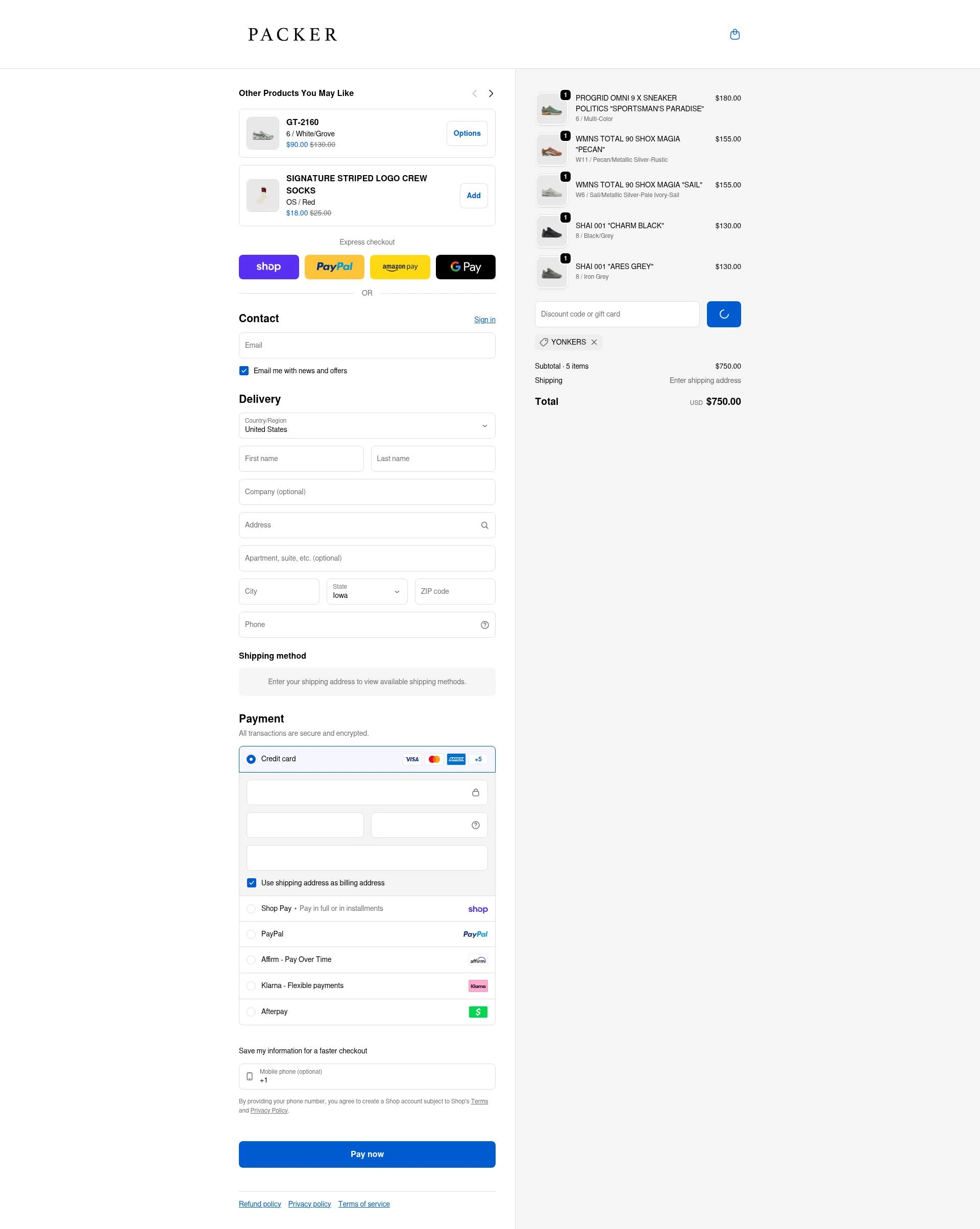 PACKER SHOES checkout page showing PACKER SHOES discount code box | Screenshot taken by SimplyCodes community member on Feb 5, 2026