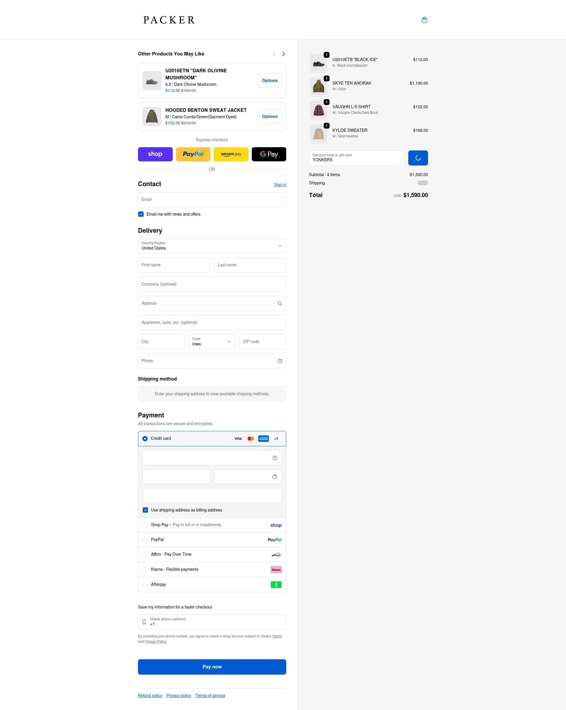 PACKER SHOES checkout page showing PACKER SHOES discount code box | Screenshot taken by SimplyCodes community member on Feb 1, 2026
