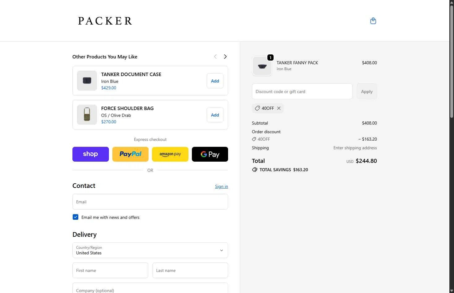 PACKER SHOES checkout page showing PACKER SHOES discount code box | Screenshot taken by SimplyCodes community member on Feb 9, 2026
