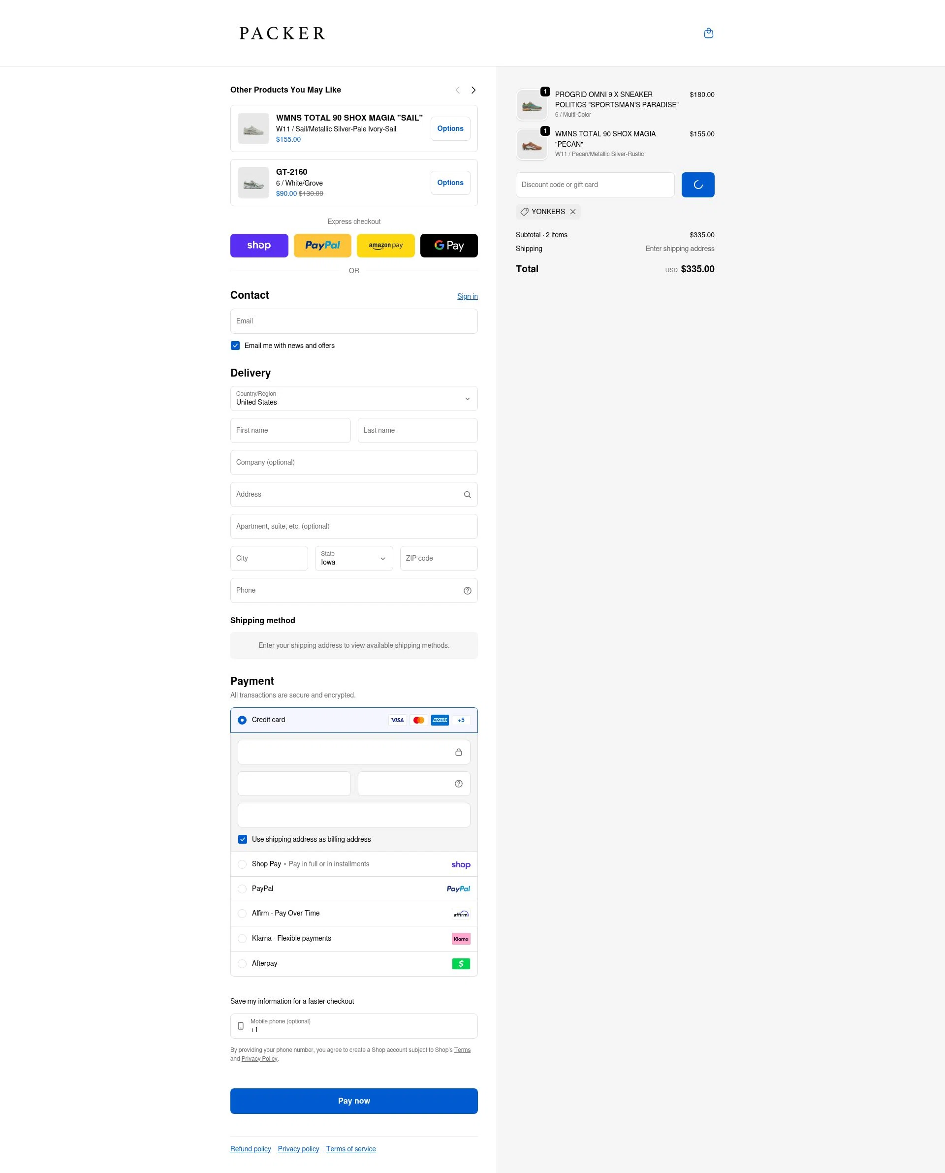 PACKER SHOES checkout page showing PACKER SHOES discount code box | Screenshot taken by SimplyCodes community member on Feb 18, 2026