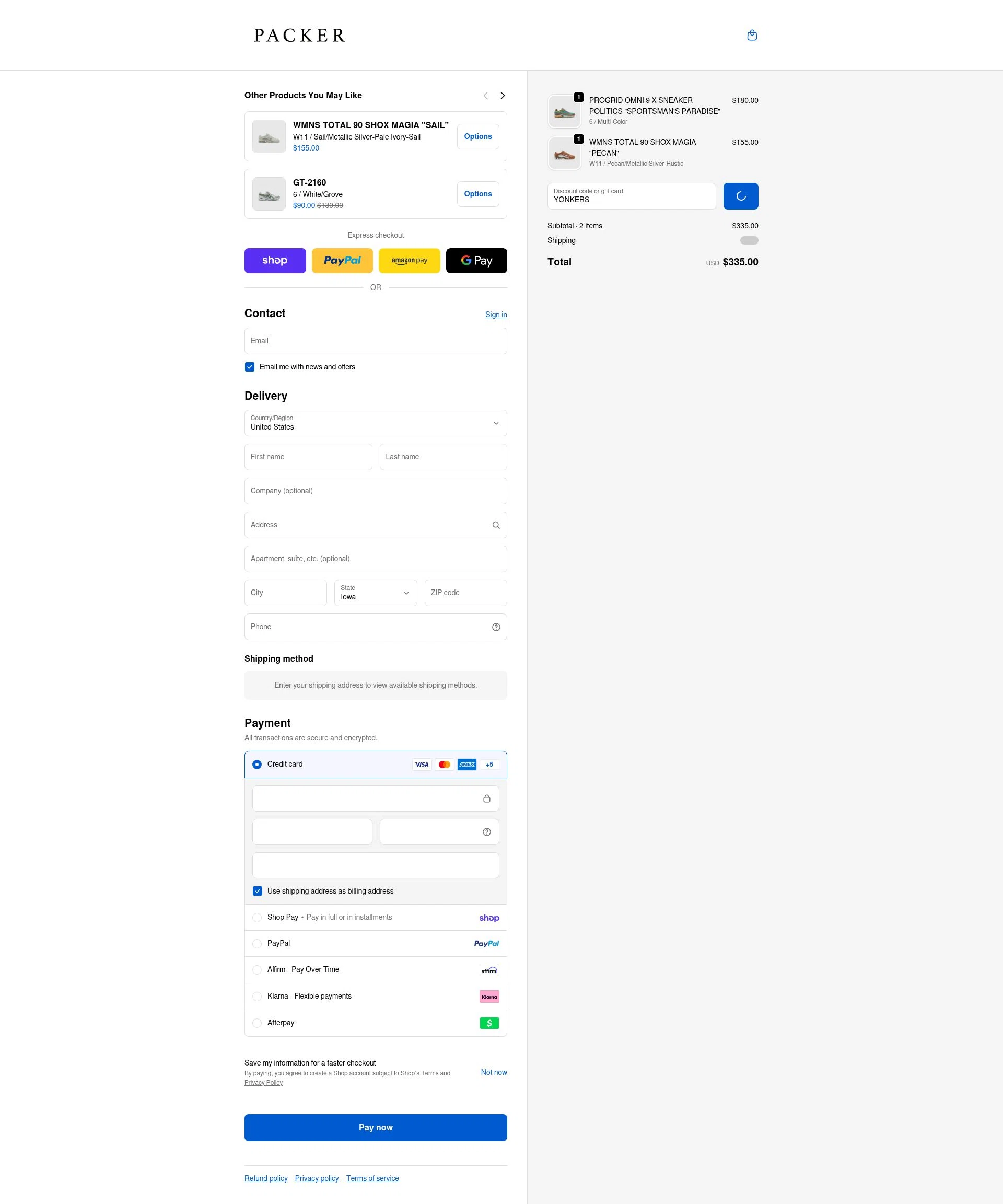 PACKER SHOES checkout page showing PACKER SHOES discount code box | Screenshot taken by SimplyCodes community member on Feb 13, 2026