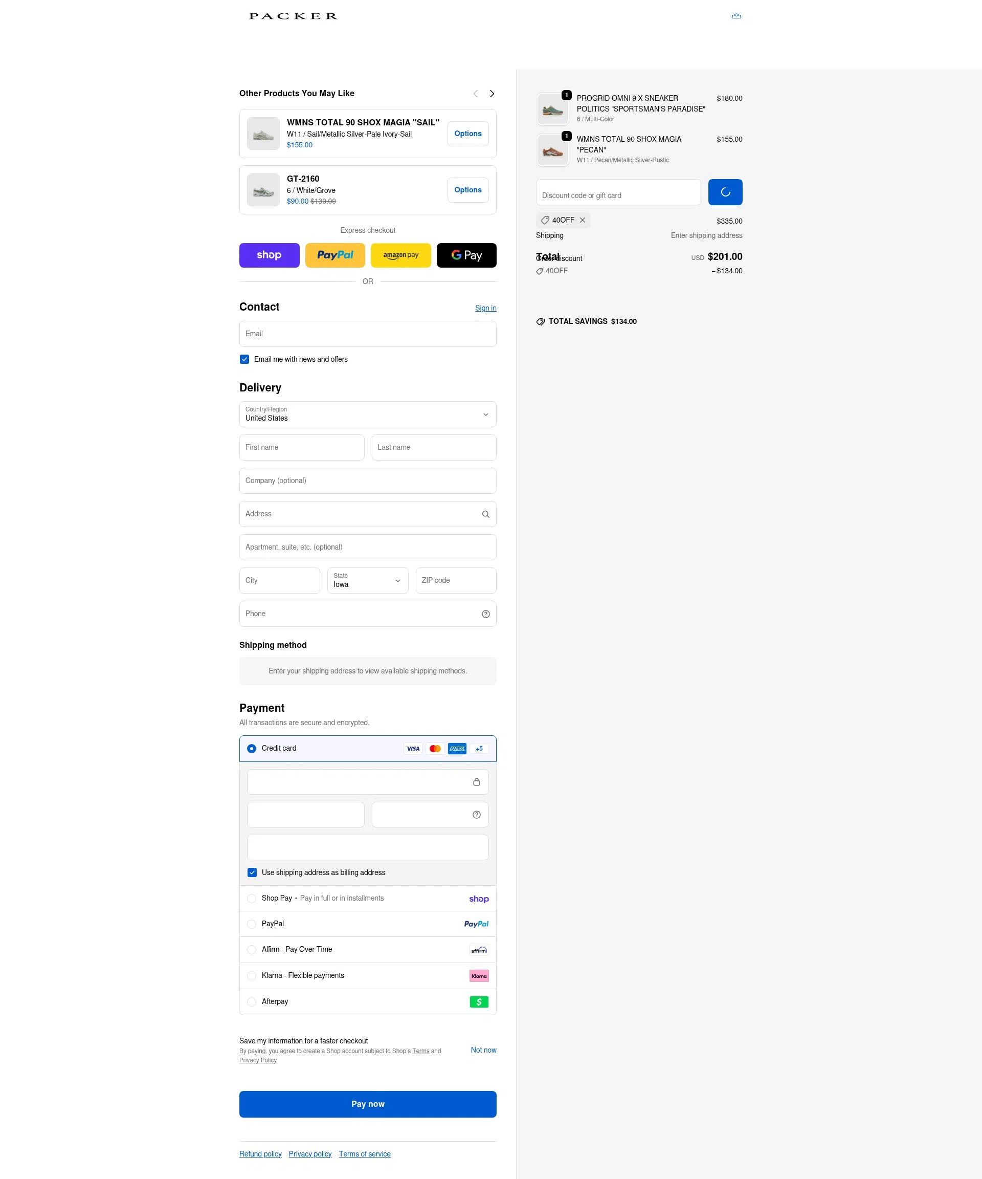 PACKER SHOES checkout page showing PACKER SHOES discount code box | Screenshot taken by SimplyCodes community member on Feb 13, 2026