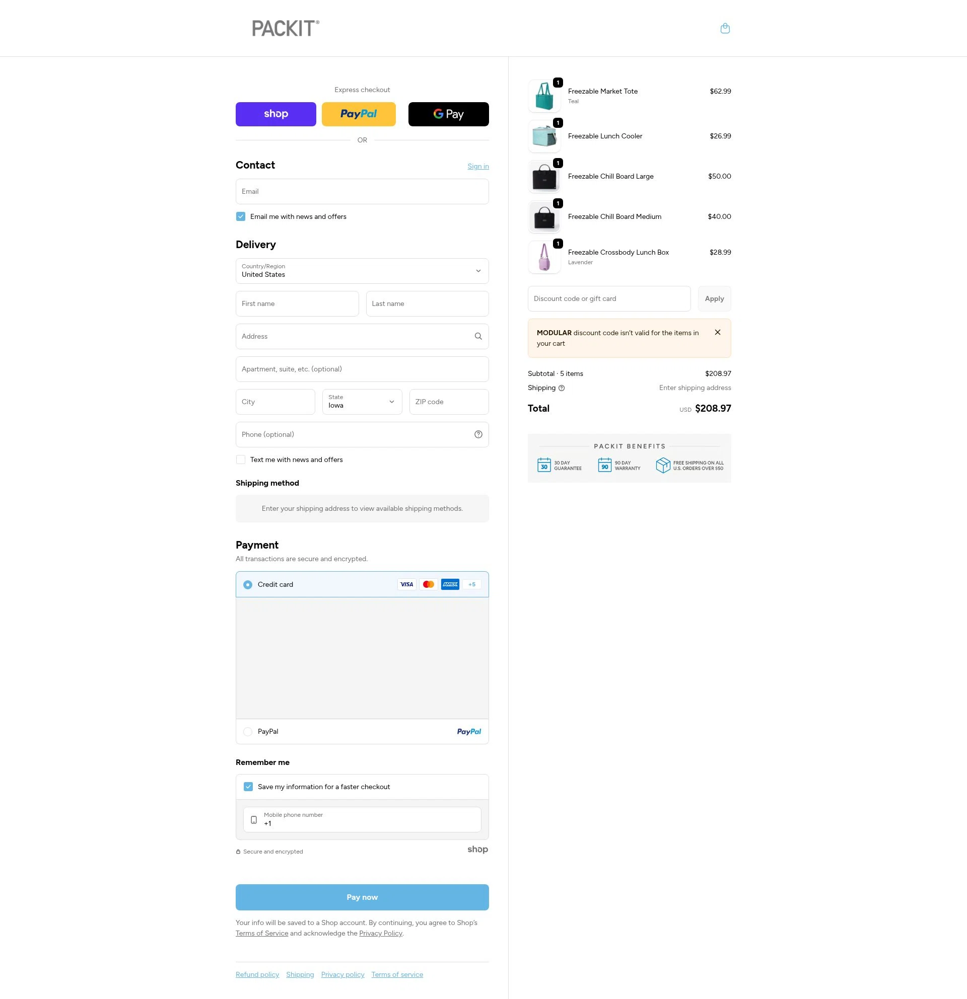 PackIt checkout page showing PackIt discount code box | Screenshot taken by SimplyCodes community member on Jan 27, 2026