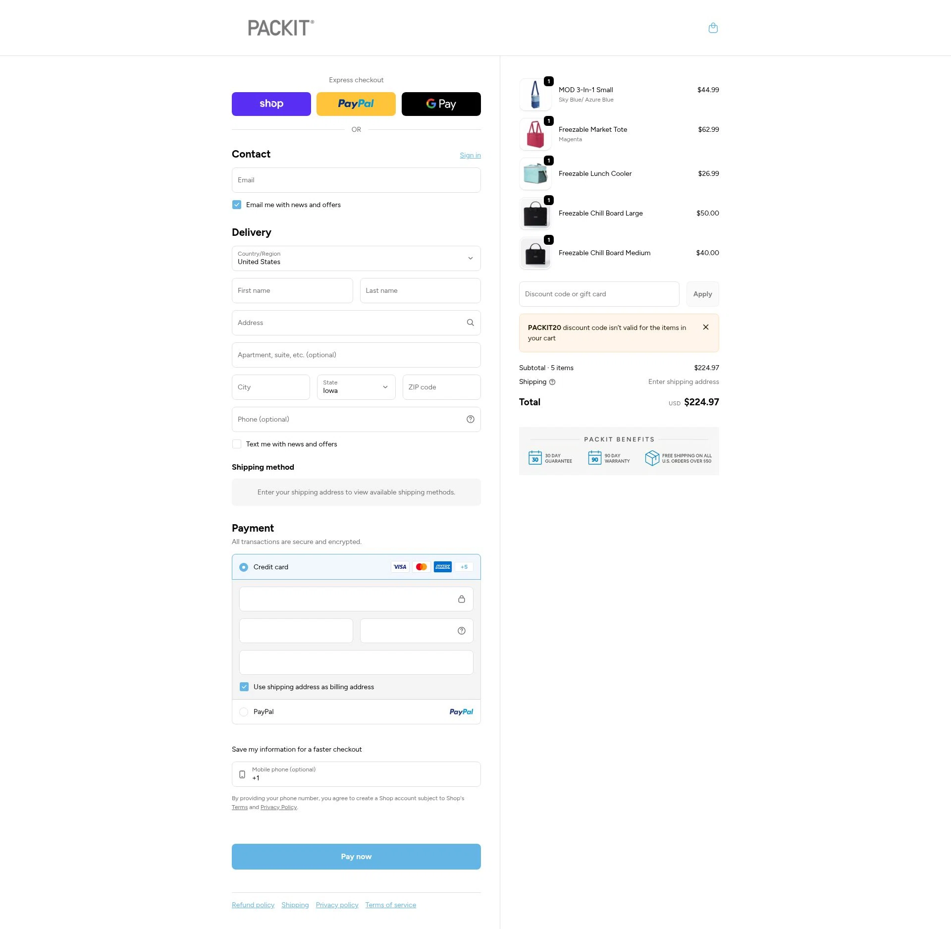 PackIt checkout page showing PackIt discount code box | Screenshot taken by SimplyCodes community member on Feb 5, 2026