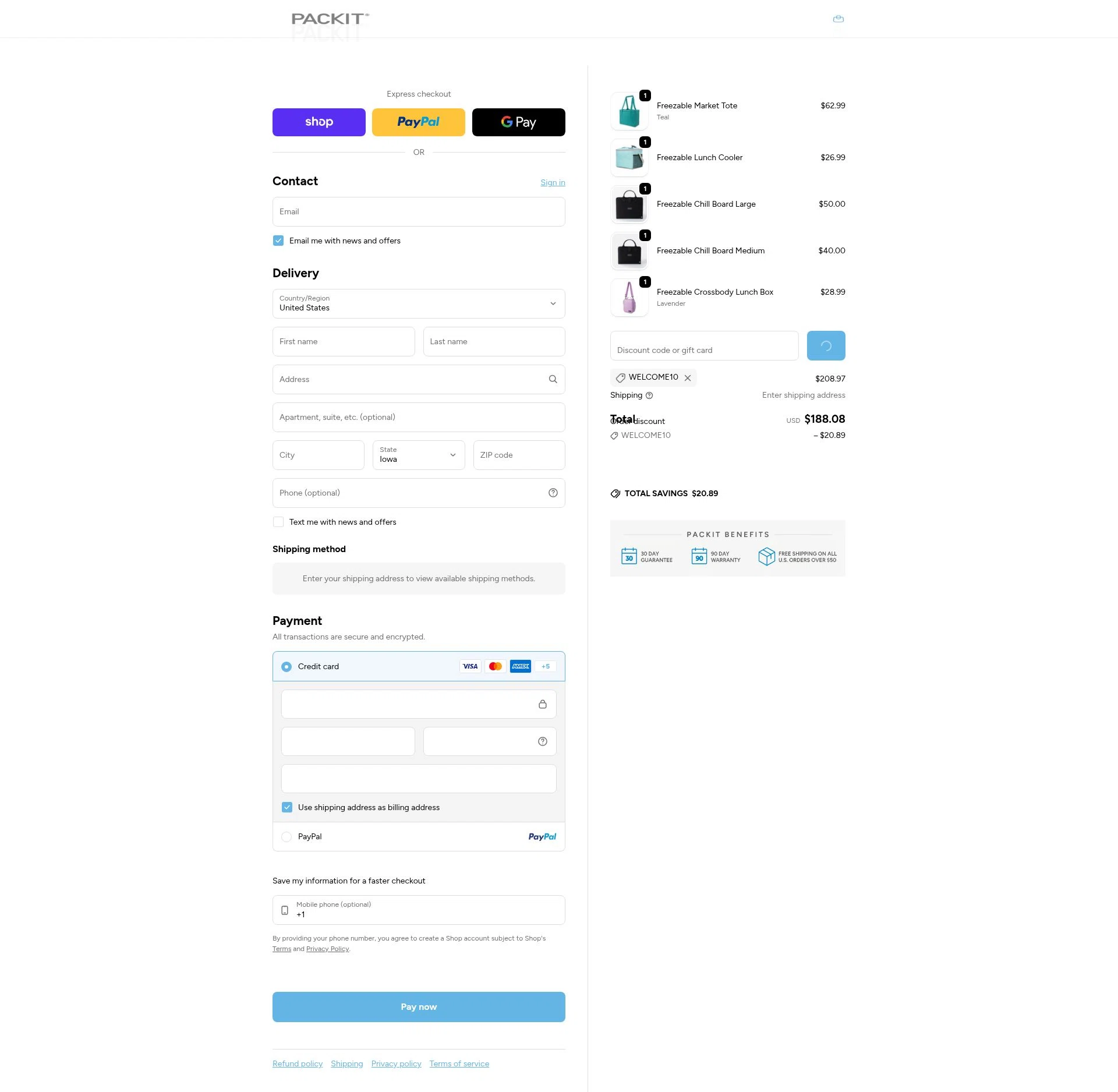 PackIt checkout page showing PackIt discount code box | Screenshot taken by SimplyCodes community member on Jan 31, 2026