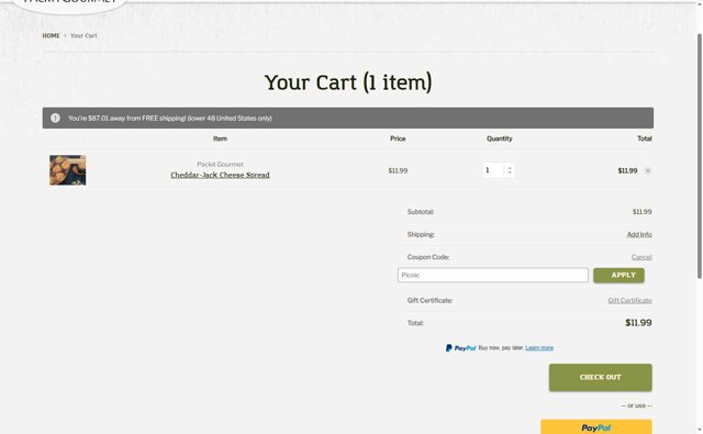 Packit Gourmet checkout page showing Packit Gourmet coupon code box | Screenshot taken by SimplyCodes community member on Jun 25, 2025