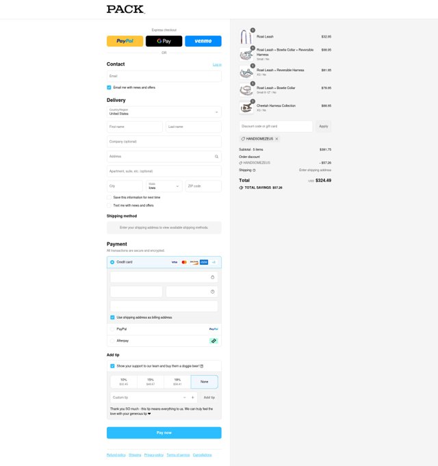 Pack Leashes checkout page showing Pack Leashes discount code box | Screenshot taken by SimplyCodes community member on Sep 8, 2025