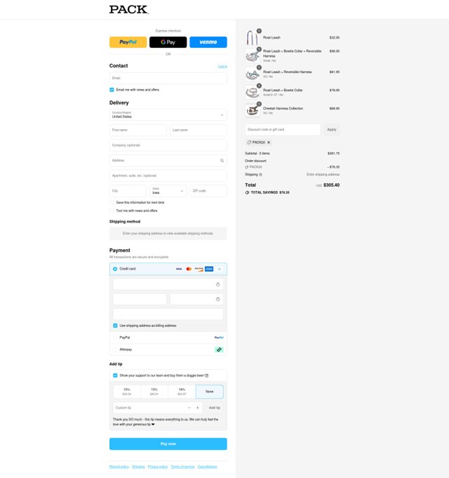 Pack Leashes checkout page showing Pack Leashes discount code box | Screenshot taken by SimplyCodes community member on Sep 8, 2025