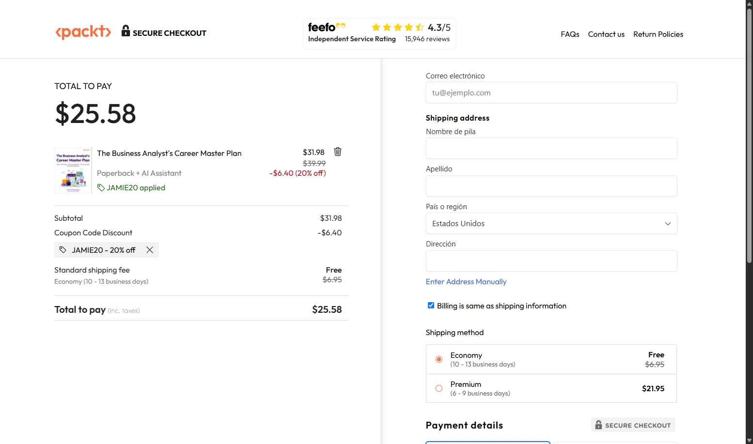 Packtpub checkout page showing Packtpub discount code box | Screenshot taken by SimplyCodes community member on Oct 28, 2025