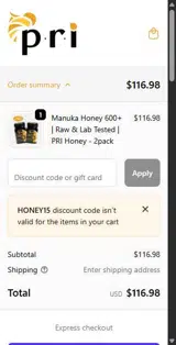 Honey15 coupon verification screenshot