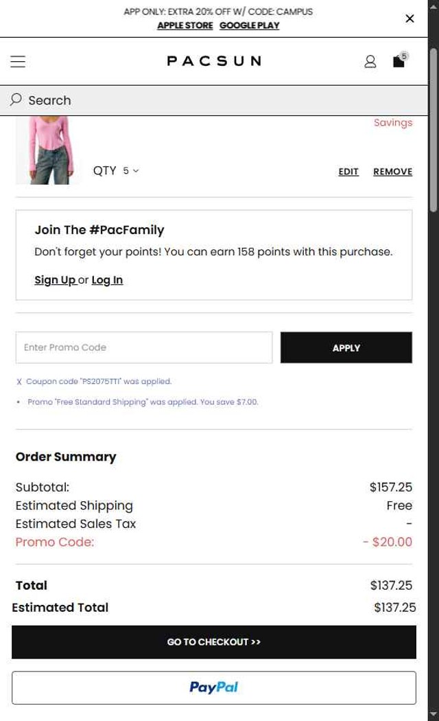 PacSun checkout page showing PacSun promo code box | Screenshot taken by SimplyCodes community member on Aug 18, 2025